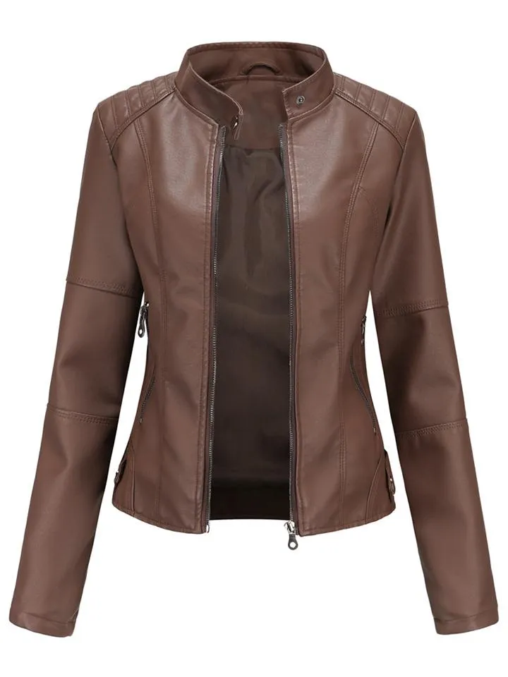 Women's PU Leather Stand Collar Slim Jacket