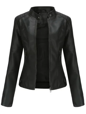 Women's PU Leather Stand Collar Slim Jacket