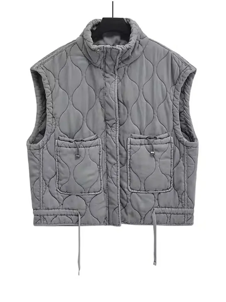 Women's Sports Style Stand Collar Sleeveless Zipper Jacket with Pocket