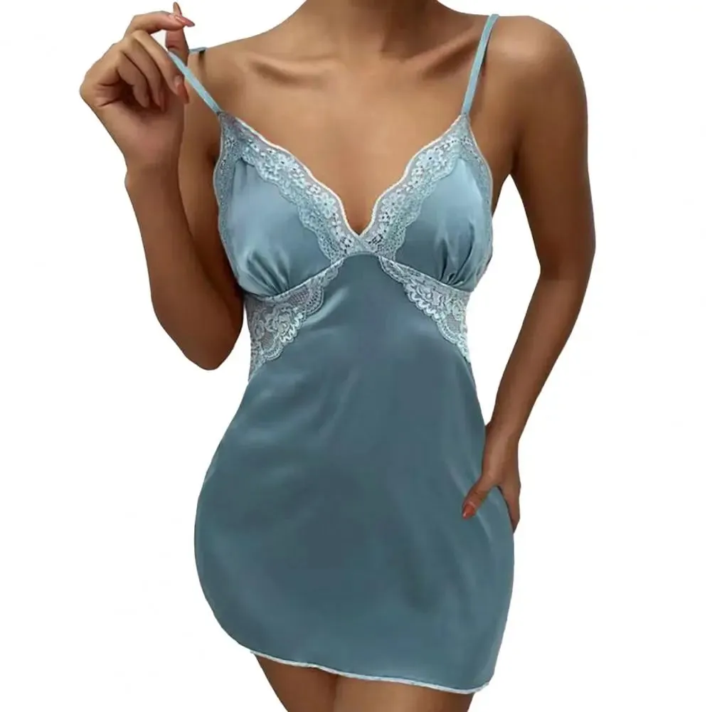 Women's Summer Nightdress - See-through Lace, Deep V Neck, Backless Pajamas Sleepwear