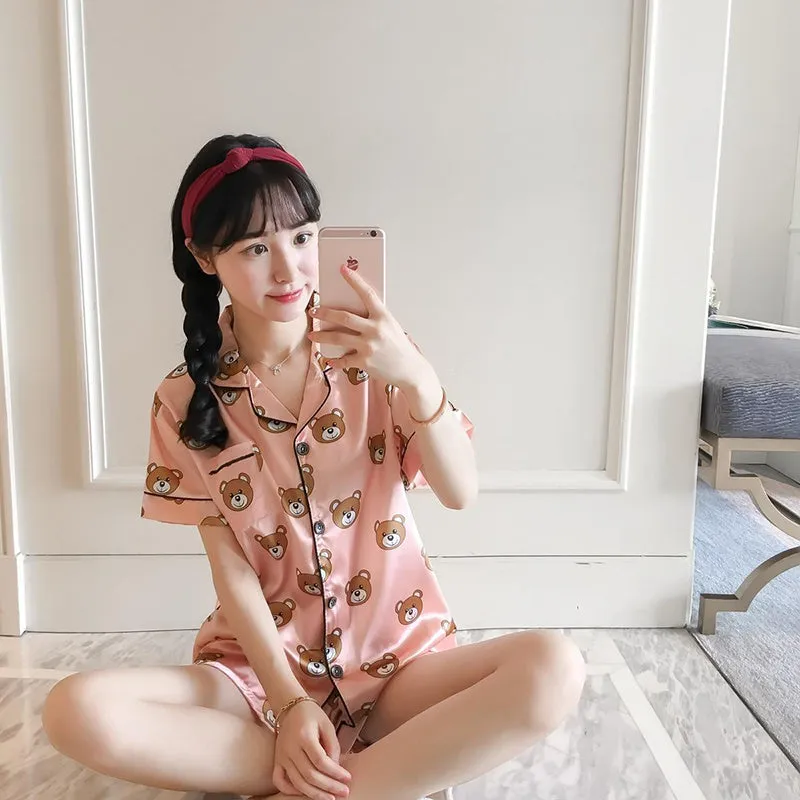Women's summer short sleeve cardigan ice silk pajamas