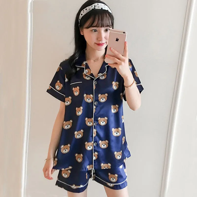 Women's summer short sleeve cardigan ice silk pajamas