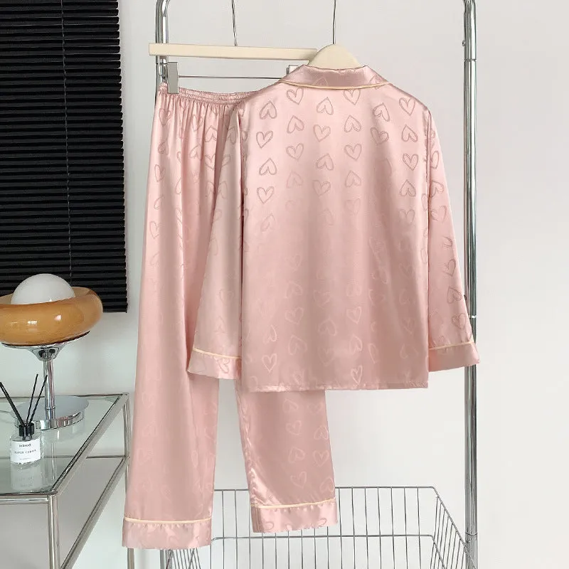 Women's Thin Ice Silk Love Long-sleeved Trousers Pajamas Suit