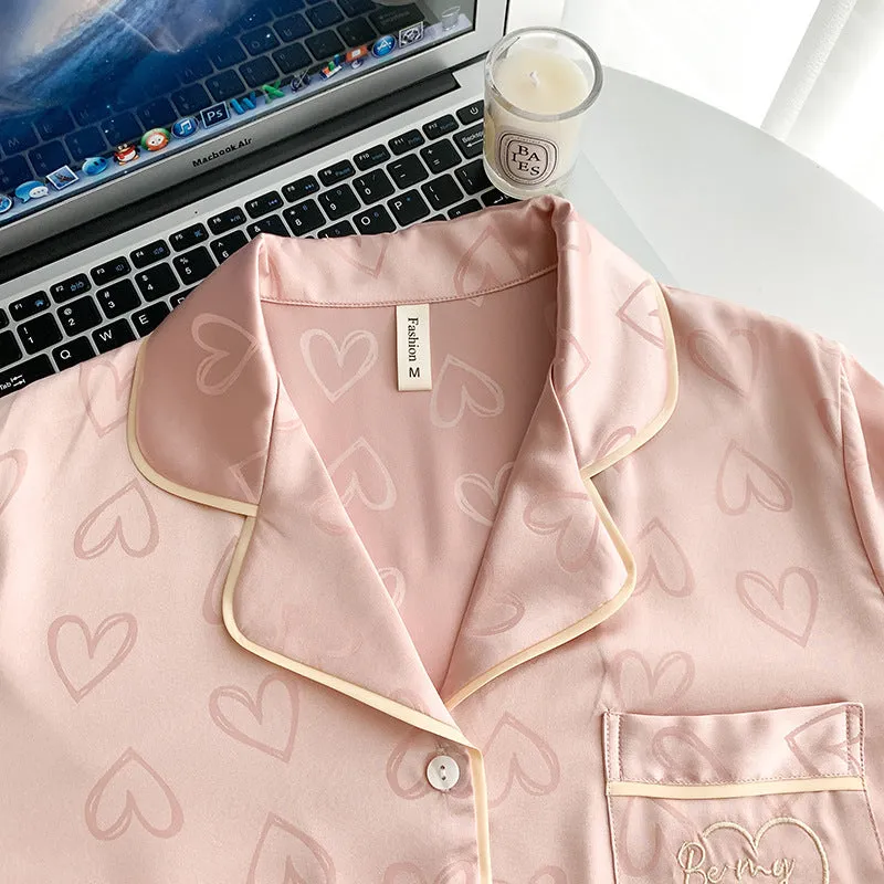 Women's Thin Ice Silk Love Long-sleeved Trousers Pajamas Suit