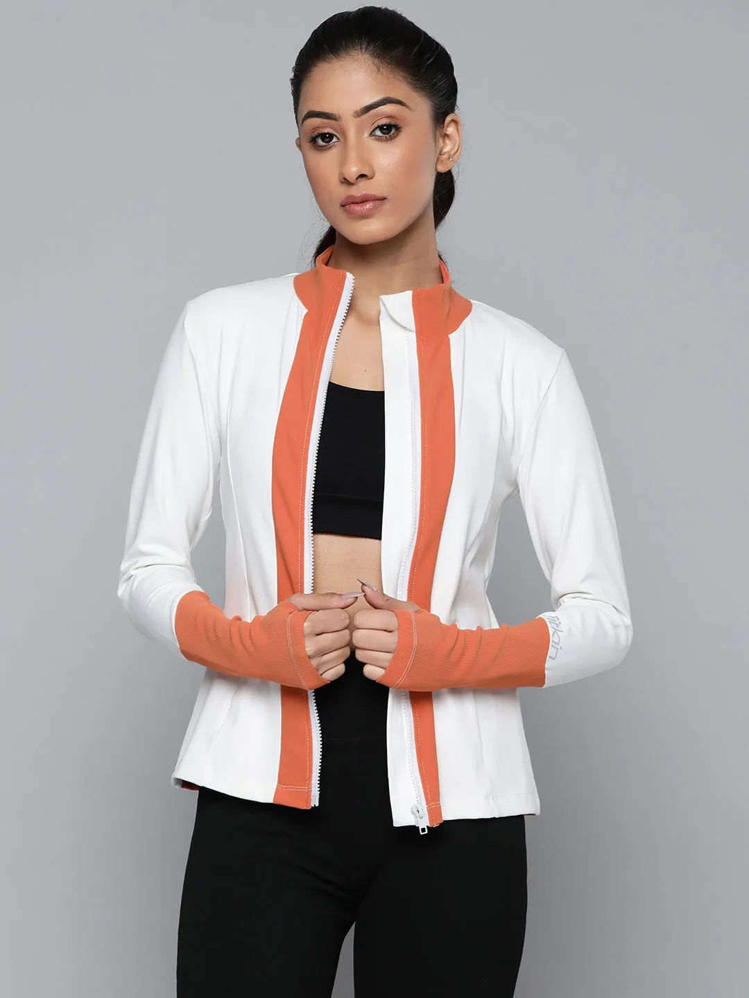 Women's White & Orange Training or Gym Sporty Jacket