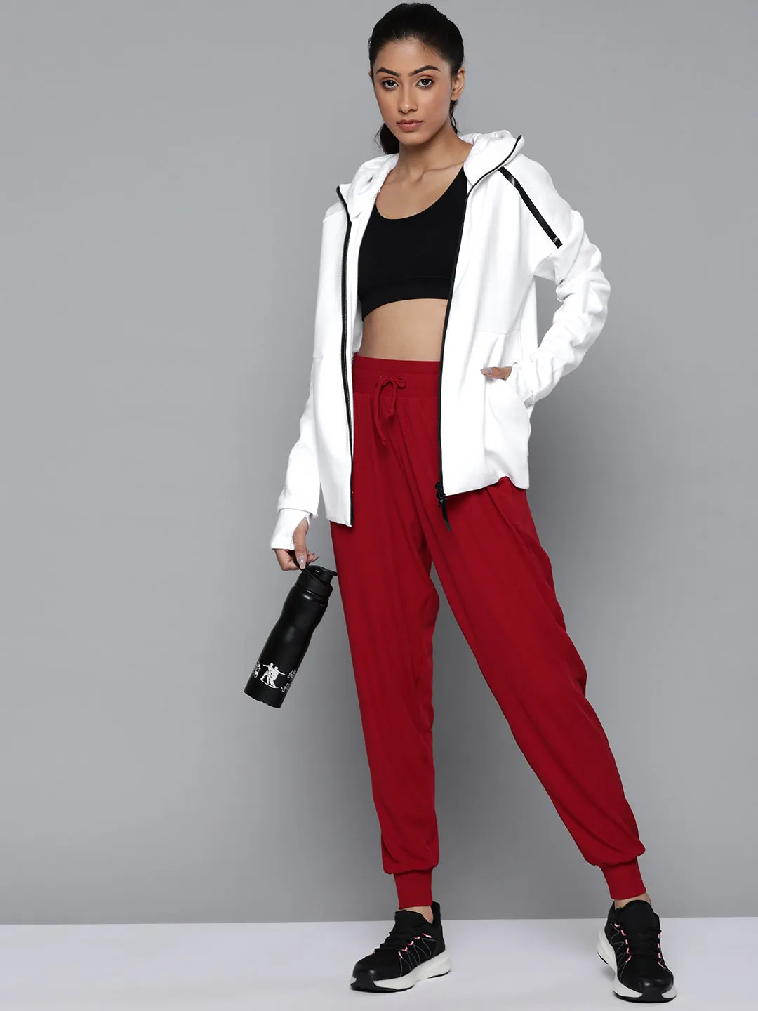 Women's White Solid Training or Gym Hooded Jacket