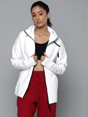 Women's White Solid Training or Gym Hooded Jacket