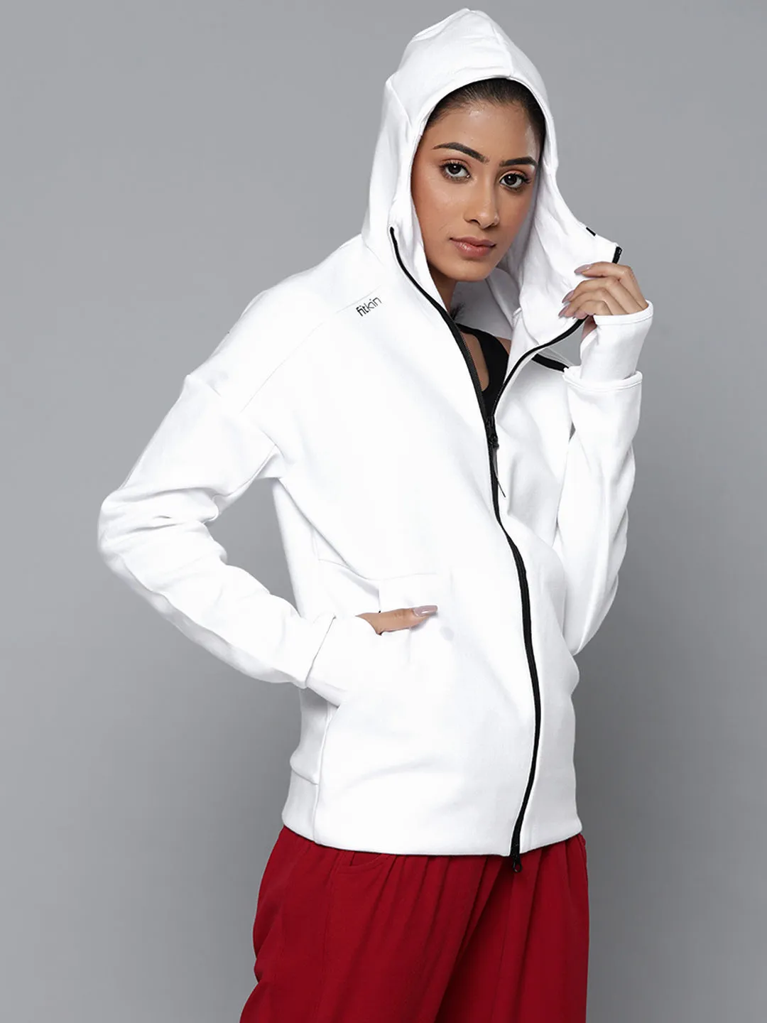 Women's White Solid Training or Gym Hooded Jacket
