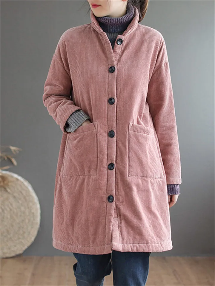 Women's Winter Candy Color Corduroy Mid-Length Cotton Coat