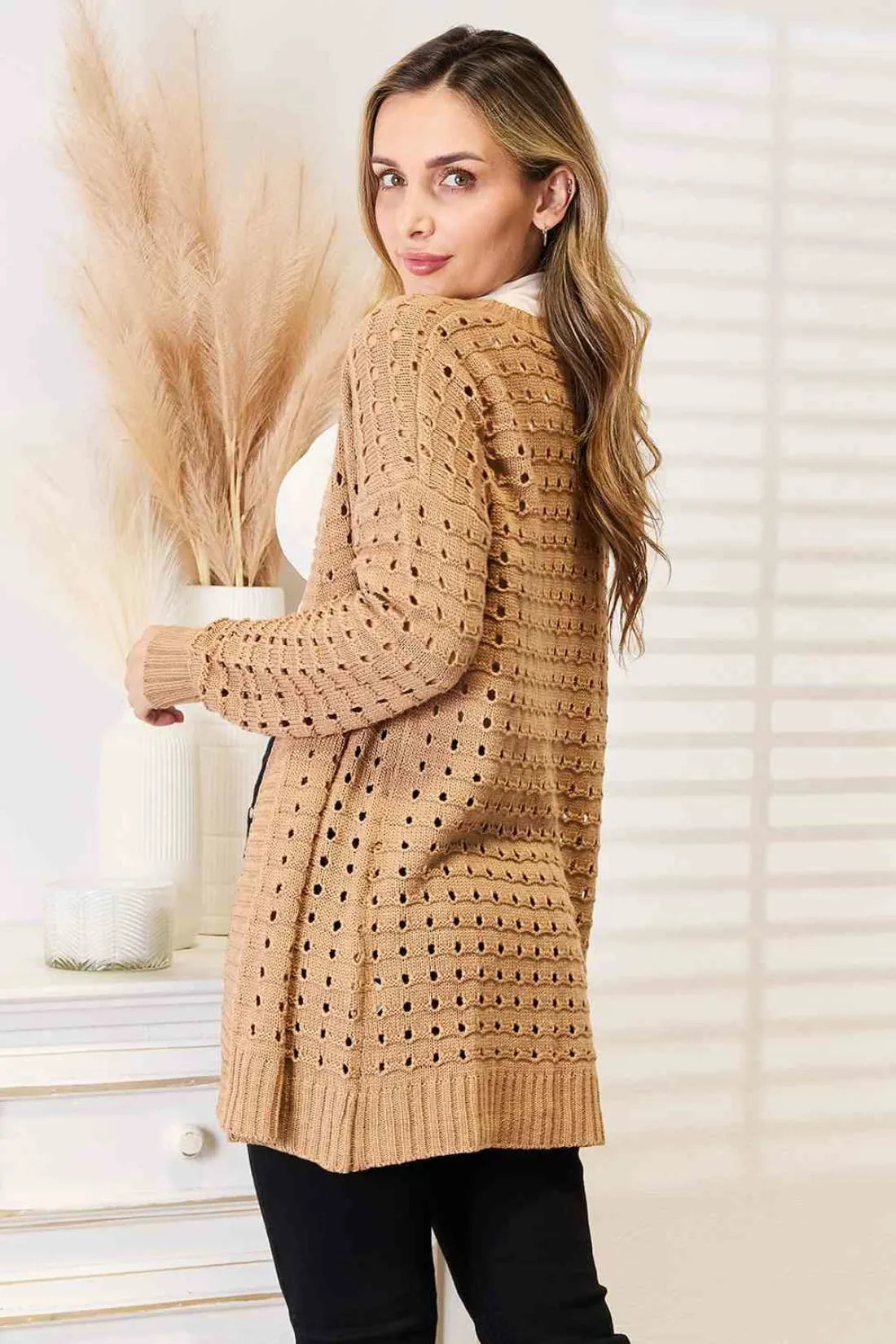 Woven Right Openwork Horizontal Ribbing Open Front Cardigan