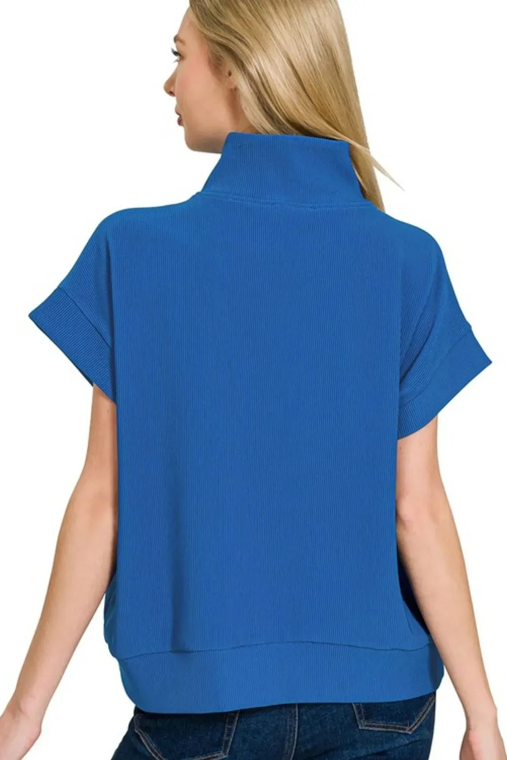 Zenana Ribbed High Neck Half Zip Top