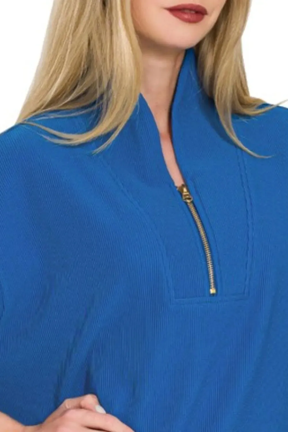 Zenana Ribbed High Neck Half Zip Top