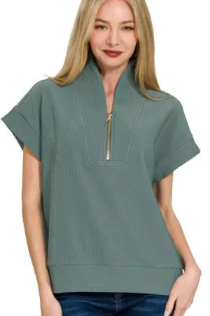 Zenana Ribbed High Neck Half Zip Top