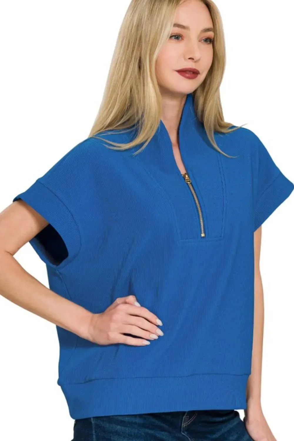 Zenana Ribbed High Neck Half Zip Top