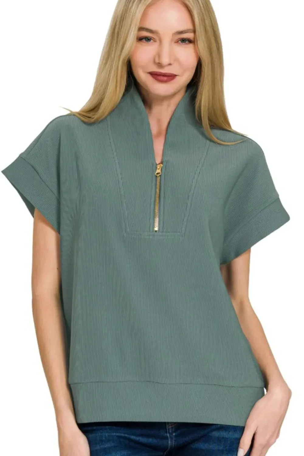 Zenana Ribbed High Neck Half Zip Top